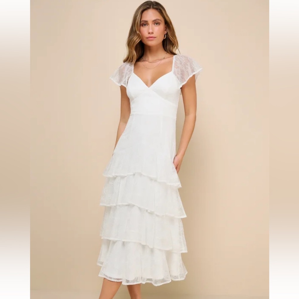 Lulus White Lace Flutter Sleeve Tiered Midi Dress